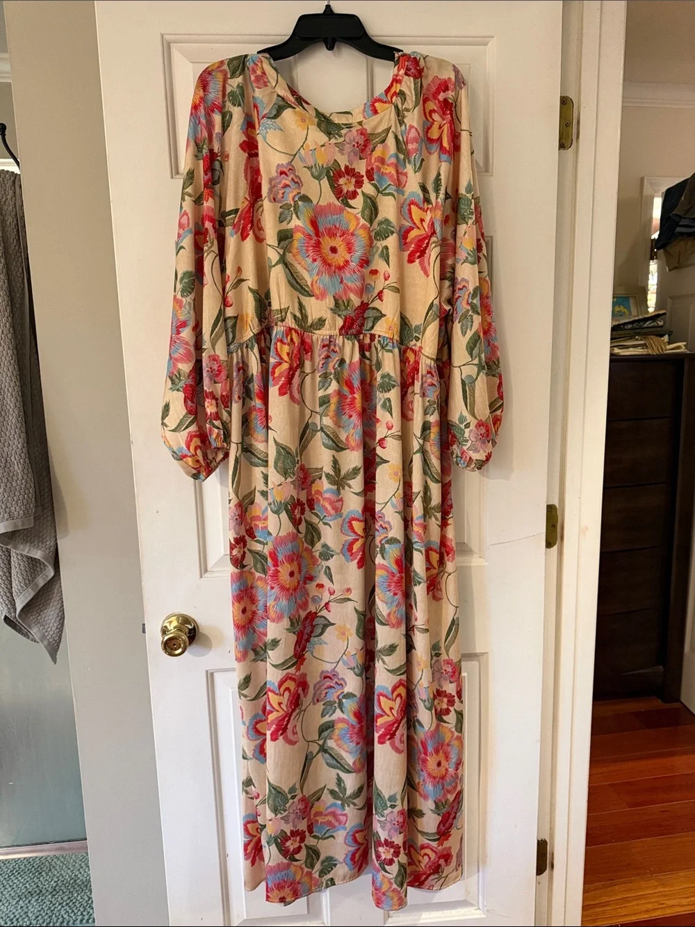 Skies Are Blue Floral Maxi Dress in Cream with Red & Blue Blooms - Picture 3 of 7